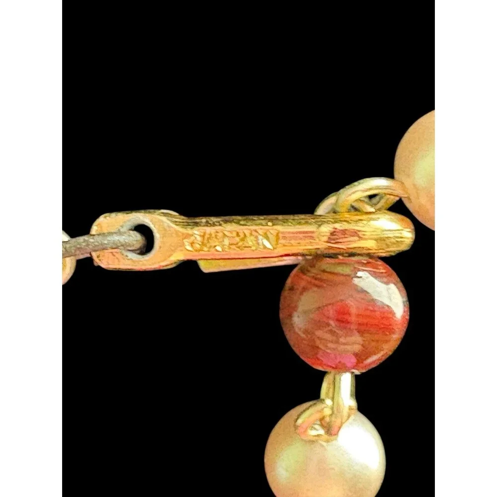 Vintage Signed Japan Three Strand Beaded Necklace Faux Pearl Lampwork Glass - Picture 4 of 7
